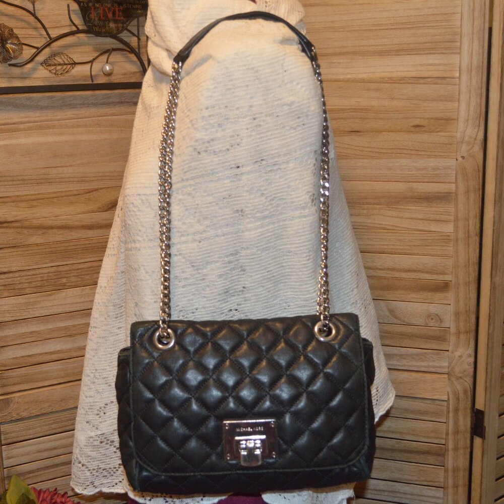 Michael Kors Black Quilted Soft Leather Shoulder Bag Silver Tone Hardware